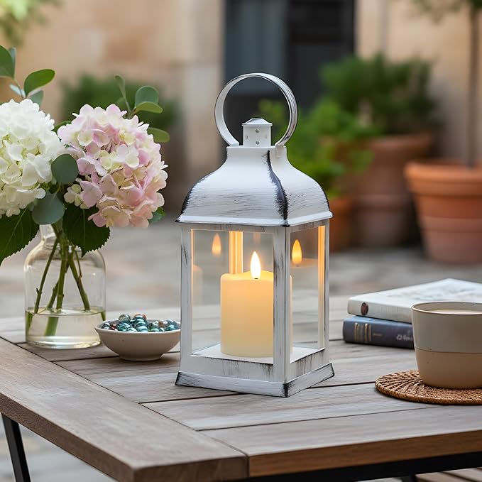 White Vintage Lantern Decorative LED Flickering Flameless Candle with Timer, Battery Powered LED Decorative Hanging Lanterns for Indoor Outdoor Wedding Garden Yard Home Decor(4 Pack)