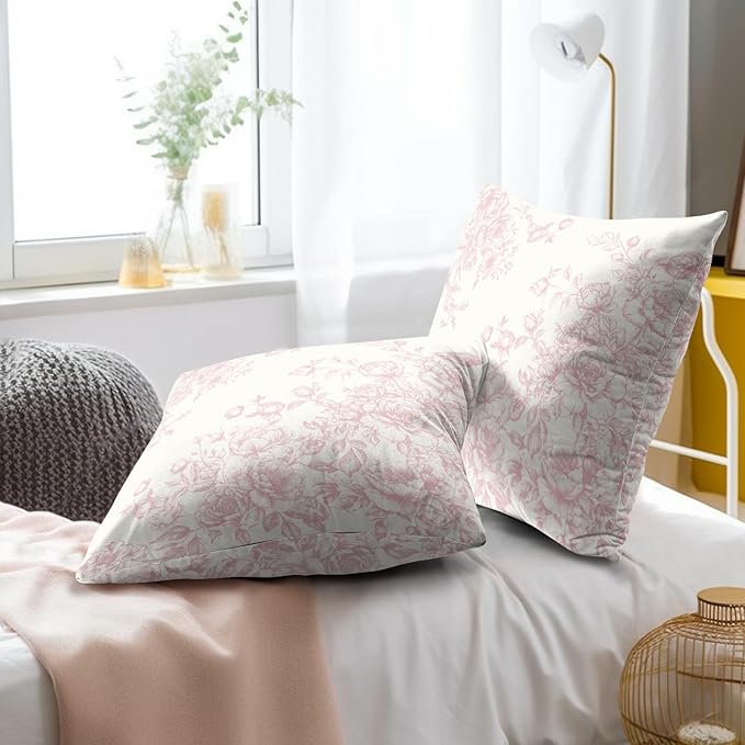 Pink White Floral Pillow Covers 16x16 Inches, Vintage Flower Bouquet Decorative Throw Pillow Cases Soft Cotton Square Cushion Cover for Couch Sofa Bed Decorations Set of 2