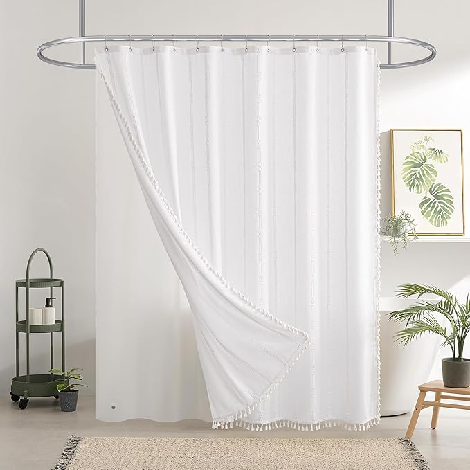 downluxe Linen Texture 3 in 1 Farmhouse Shower Curtain Set with Tassel, Boho Fabric Shower Curtains for Bathroom, White, 72W x 96L