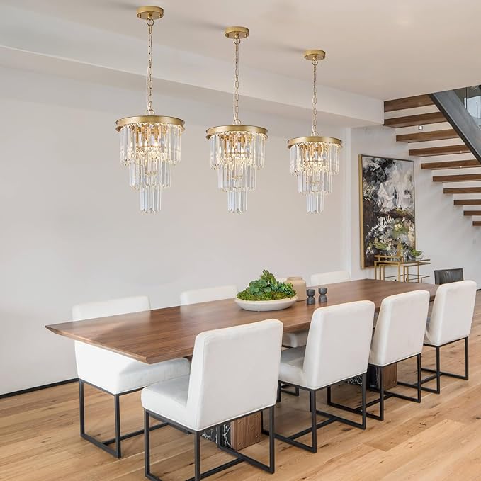 3 Pack Crystal Pendant Light for Kitchen Island, Mini Gold Modern Crystal Light Fixture Luxury for Dining Room, K9 Ceiling Pendant Light 3 Tiers for Hallway Bedroom Closet