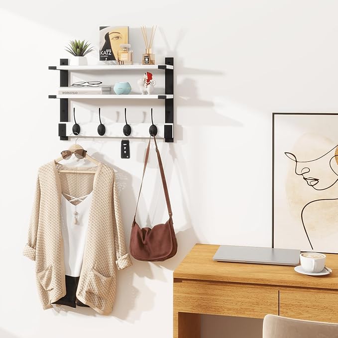 Homode Two-Tier Coat Rack with Shelf, 17 Inch Wood Coat Hanger Wall Mount, Entryway Wall Shelf with Heavy Duty Key Hooks, Hanging Storage Shelves for Display Books Plants Photos, White