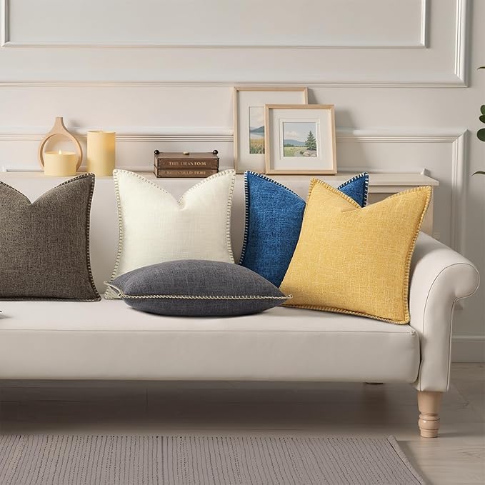 decorUhome Decorative Outdoor Throw Pillow Covers 20x20 Set of 2, Square Linen Farmhouse Euro Pillow Covers with Stitched Edge, Rustic Neutral Pillow Covers for Couch, Sofa, Living Room, Dark Grey