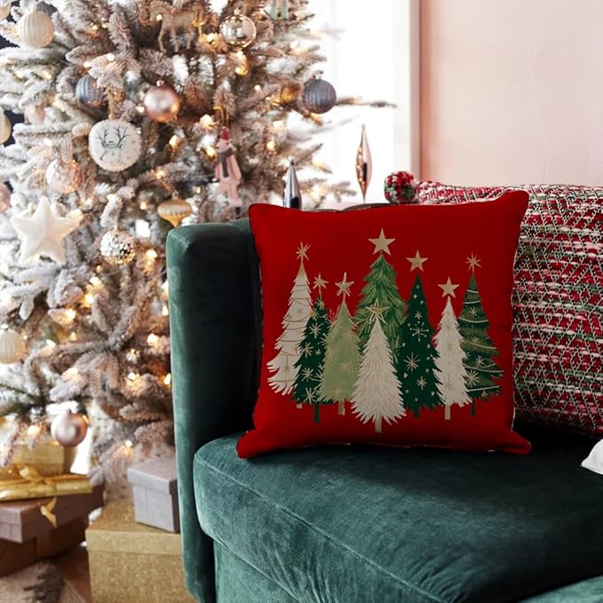 RABUSOFA Christmas Tree Pillow Covers 18x18 Inch,Watercolor Xmas Winter Decor Stars Red Holiday Cushion Case Decoration for Home Sofa Couch(Red, 18" x 18" (Pack of 1))