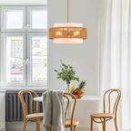 19.7" Rattan Chandelier with Linen Modern Boho Hand Woven Bamboo Chandelier Light Fixture Retro Farmhouse Drum Wicker Rattan Golden Chandeliers for Dining Room, Kitchen, Living Room,Foyer