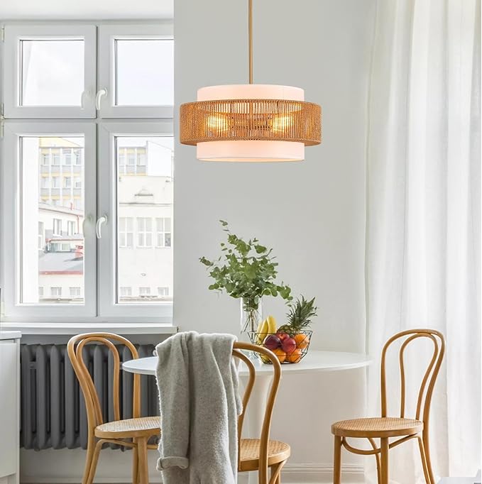19.7" Rattan Chandelier with Linen Modern Boho Hand Woven Bamboo Chandelier Light Fixture Retro Farmhouse Drum Wicker Rattan Golden Chandeliers for Dining Room, Kitchen, Living Room,Foyer