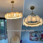 Round Alabaster Chandelier, 32in Spanish Marble Chandeliers for Dining Room, Alabaster Modern Chandeliers for Living Room, Adjustable Gold Chandelier for Bedroom, Bathroom, Kitchen, Foyer, Entryway