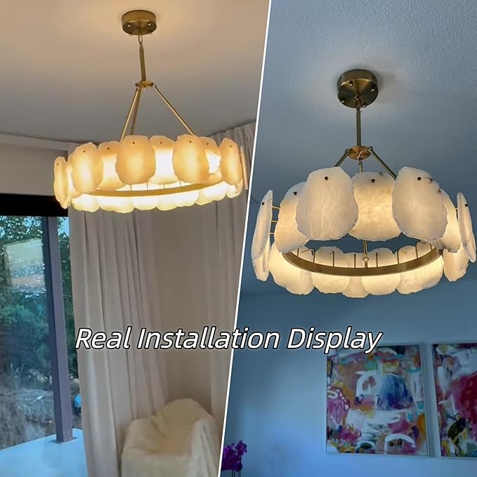 Round Alabaster Chandelier, 32in Spanish Marble Chandeliers for Dining Room, Alabaster Modern Chandeliers for Living Room, Adjustable Gold Chandelier for Bedroom, Bathroom, Kitchen, Foyer, Entryway