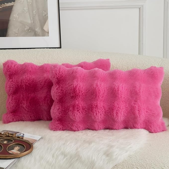 MANDIOO Pack of 2 Thick Plush Wool Decorative Throw Pillow Covers Super Soft Wave Bubble Fur Velvet Cushion Covers Pillow Shams for Couch Bed Living Room 12x20 Inch Hot Pink