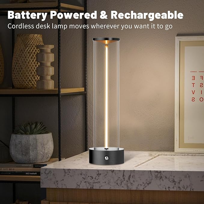 Cordless Portable LED Table Lamp, Modern Nightstand Lights with Filament Magnetic, Three-Level Dimmable Lamp for Gaming, Home Office, Bedroom, Living Room, Kitchen, Bar, Restaurant (Black)
