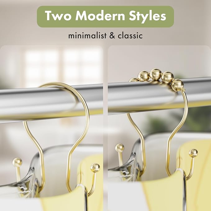 AmazerBath 12Pcs Gold Metal Double Shower Curtain Hooks & Rings, Rust Proof, Smooth Glide, Multipurpose
