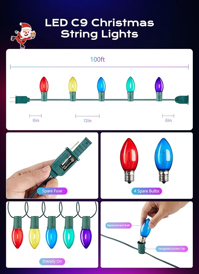 C9 LED Christmas Lights Outdoor, 100 FT 100 Colored Bulbs Vintage C9 Connectable String Lights for Christmas Tree Roofline Patio Garden Backyard Holiday Party Indoor Outdoor Decoration, Green Wire
