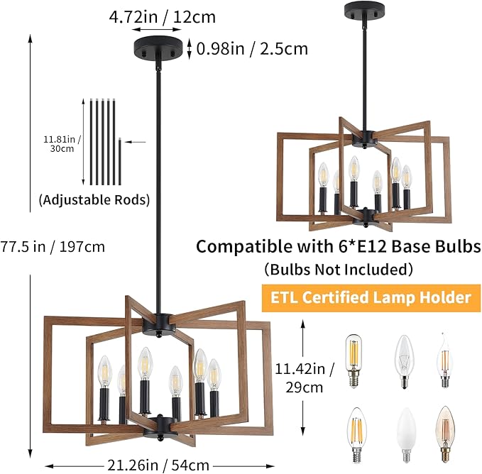 Farmhouse Dining Room Light Fixture, 6-Light Chandelier Modern Metal Industrial Chandelier Lighting for Farmhouse Kitchen Entryway Living Room (E12 Bulbs Not Included)
