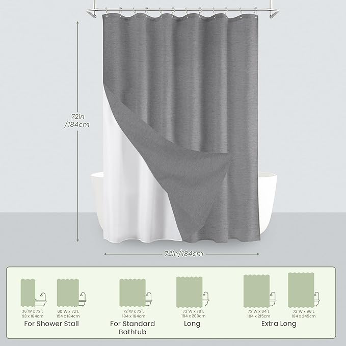 Inhousolu Boho Farmhouse Shower Curtain with Fabric Liner Set, Faux Linen Textured, 14 Metal Hooks Luxury Weighted Hem, Washable Wrinkle Free Bath Curtain for Hotel Bathroom 72" W x 72" L Grey