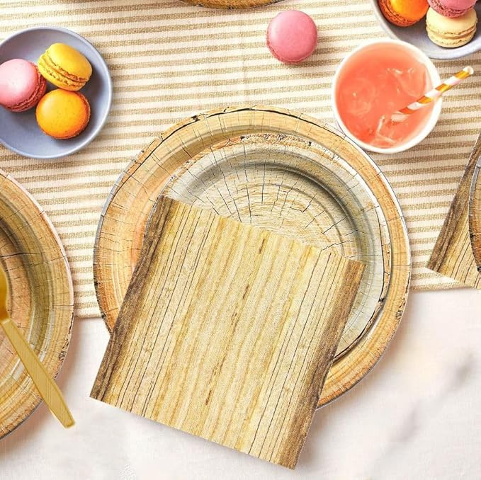 Rustic Wood Grain Party Supplies for 16 – Disposable Plates, Napkins, Tablecloth & Cutlery – Ideal for Camping, Hunting, Outdoor or Forest-Themed Events