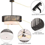 19" Black Rattan Chandeliers Vintage Farmhouse Hand-Woven Wicker Light Fixtures with Bamboo Chandelier Light Fixture Fabric Shade Boho Rattan Hanging Light for Dining Room,Bedroom,Entryway