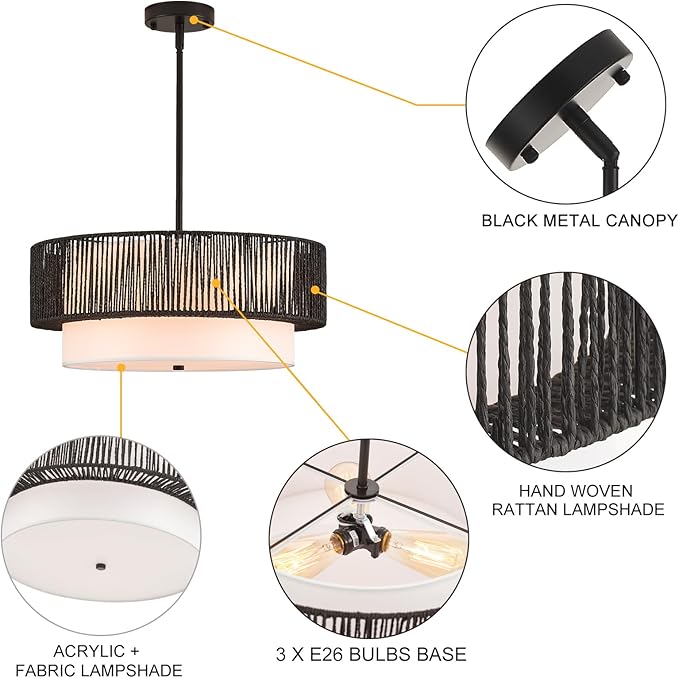 19" Black Rattan Chandeliers Vintage Farmhouse Hand-Woven Wicker Light Fixtures with Bamboo Chandelier Light Fixture Fabric Shade Boho Rattan Hanging Light for Dining Room,Bedroom,Entryway