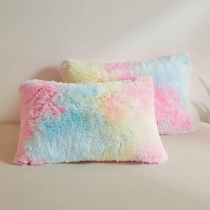 XeGe Rainbow Faux Fur Fluffy Throw Pillow Cases, Plush Shaggy Soft Furry Pillowcases, Tie Dye Velvet Fuzzy Decorative Pillow Covers for Bed Couch Teen Girl Zipper Closure, Set of 2(King, Rainbow)