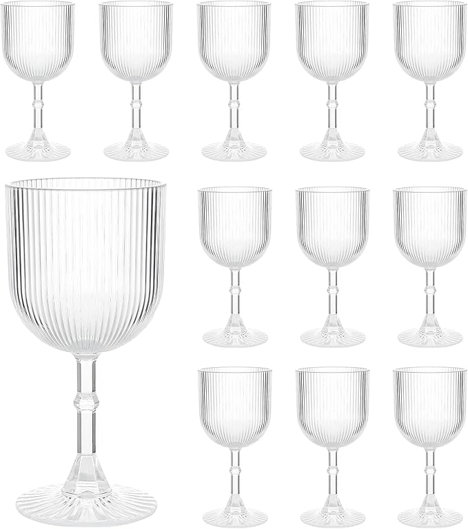 Plastic Wine Glasses 9oz Set of 12, Crystal Clear Ribbed Vintage Goblets Unbreakable Reusable BPA-Free Stemmed Drinking Glasses for Parties, Weddings & Events