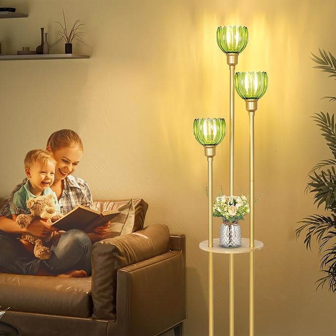 HMVPL Gold Floor Lamp for Living Room, Boho Floor Lamp with Shelves, Vintage Standing Lamp with Table, Brass Flower Tall Lamp with Green Glass Shade, On/Off Switch, Mid Century Corner Lamp for Bedroom