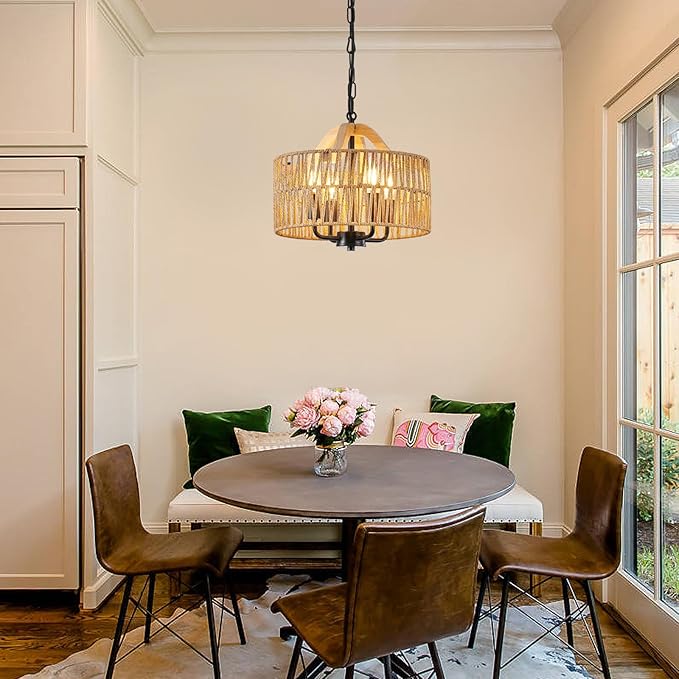 12.5” Rattan Pendant Light Fixtures, 4-Light Boho Chandelier with Woven Drum Shade, Farmhouse Dining Room Ceiling Hanging Lamp, Small Wicker Coastal Pendant Lighting for Kitchen Island Hallway