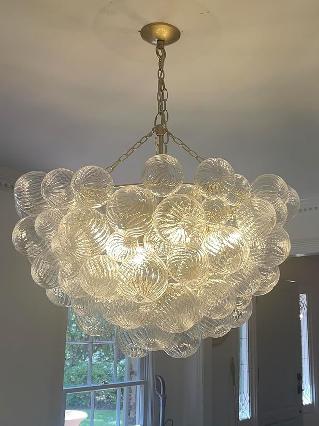 Bubble Chandeliers Lighting Gold 31" Swirled Clear Ribbed Blown Glass Globe Art Deco 9-Light Cluster Ball Pendant Lights Fixture for Living Room, Bedroom, Kitchen Island