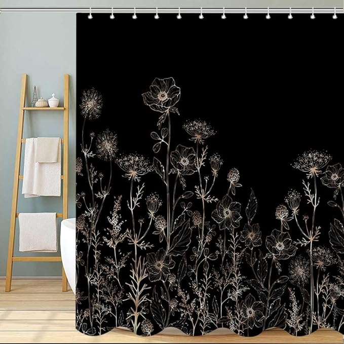Black and Gold Vintage Boho Shower Curtain Set 72X72 Inch Black Tan Cream Floral Aesthetic Dark Wildflower Botanical Design Farmhouse Plant Art Chic Bathroom Decor