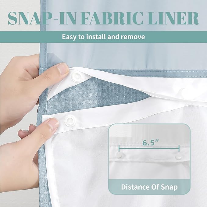 Teal Long No Hook Waffle Weave Shower Curtain with snap-in Liner Replacement, 230GSM Waterproof Fabric Hotel Shower Curtain Set for Bathroom, Through Mesh Top Window,71Wx80H