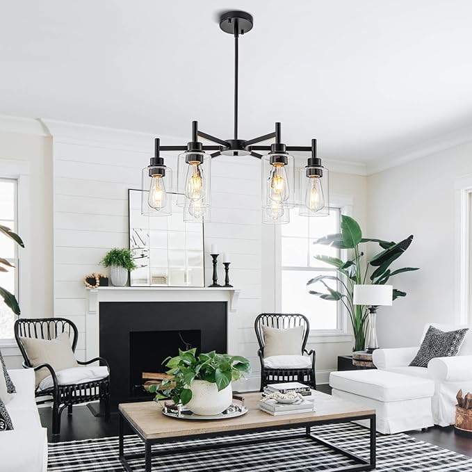 Farmhouse Chandeliers for Dining Room Matte Black Chandelier 6 Light Dining Room Light Fixture with Clear Glass Shades Gold Pendant Lights for Kitchen Island Living Room Entryway Staircase