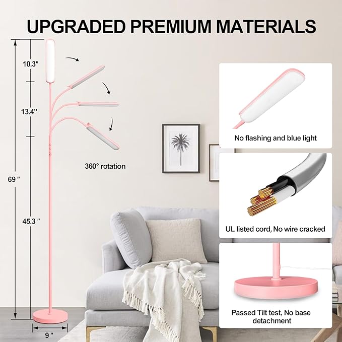 Pink LED Bright Floor Lamp with Remote & Smart Plug, Dimmable Eye-Caring Reading Light for Living Room, Bedroom, Office