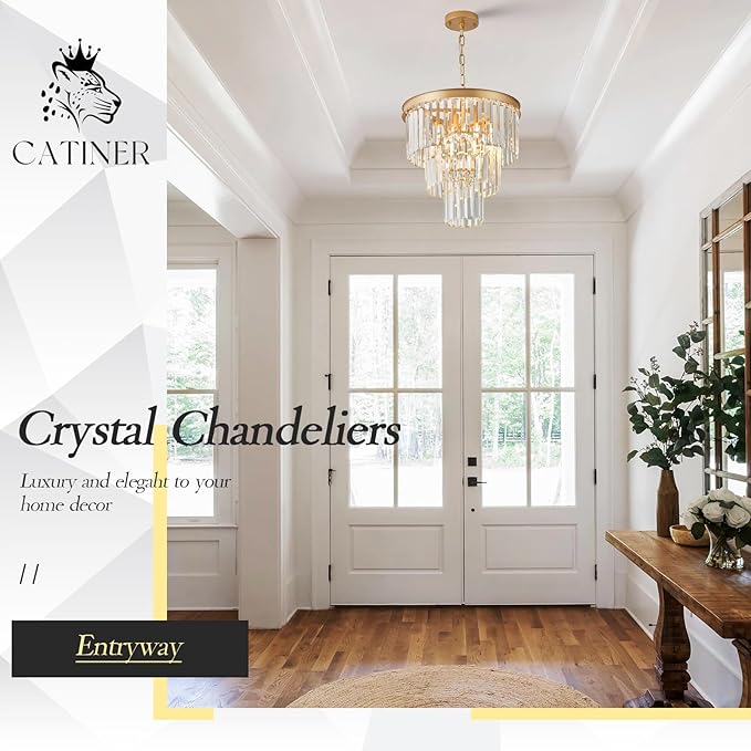 Gold Crystal Chandeliers 16" Modern 6-Light Small Pendant Light Luxury 3 Tiers K9 Crystal Ceiling Pendant Round Light Fixture for Dining Room Entryway Kitchen Bedroom Closet