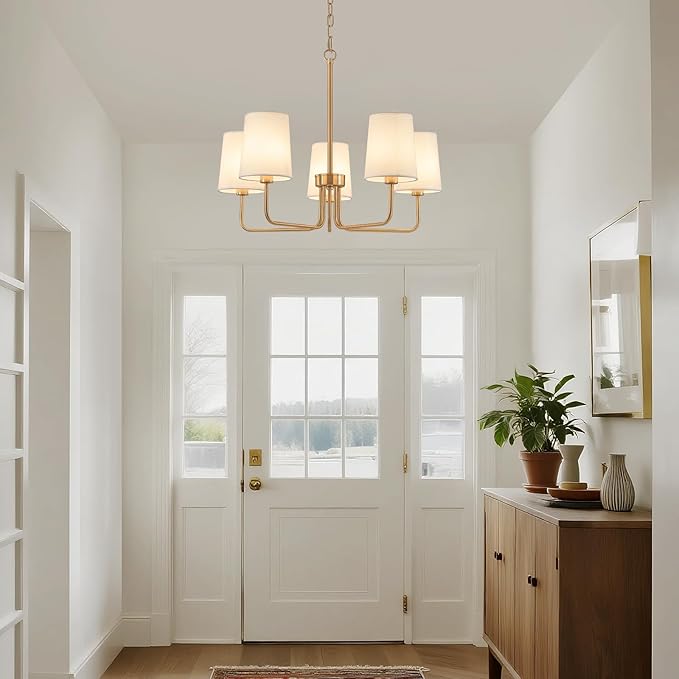 AMZASA Antique Brass Gold Chandelier with Shades, Electroplated Finish, 5 Light Modern Farmhouse Chandeliers with White Fabric Shade, Linear Island Chandelier Lights for Dining Room,Kitchen,Foyer