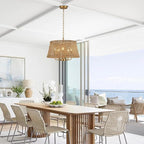 Hand-Woven Rattan Chandelier Vintage Farmhouse Boho Bamboo Chandeliers Light Fixture Retro Drum Wicker Rattan Gold Chandelier for Dining Room, Kitchen, Living Room