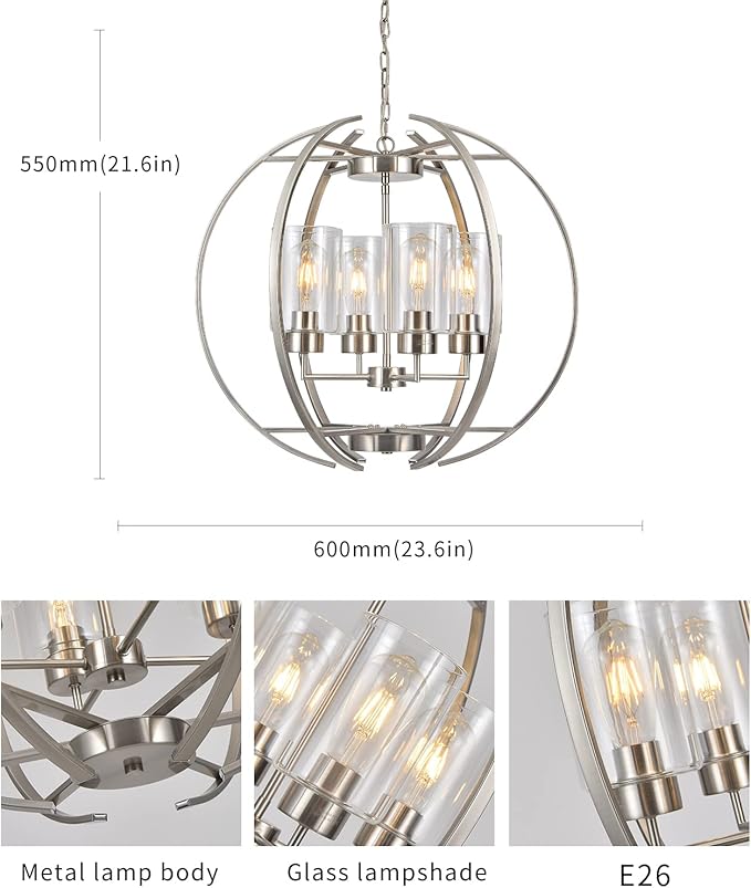 Brushed Nickel Chandelier Globe 24" Dining Room Lighting Fixtures Ceiling Hanging Pendant Lighting with Clear Glass Shades Modern Farmhouse Chandeliers for Foyer Bedroom Kitchen Living E26