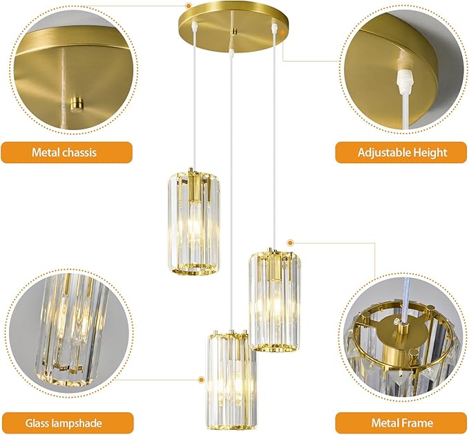 Gold Pendant Lighting Modern Pendant Light, Mini Crystal Chandeliers,Adjustable Pendant Light Fixture for Kitchen Island Dinning Room Corridor Bedroom(Gold 3-Light)