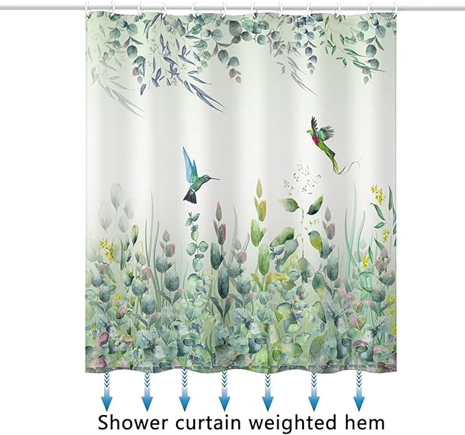 Green Leaf Shower Curtain - 72"W x 78"L with 12 Hooks, Weighted Hem, Waterproof, Sage Green