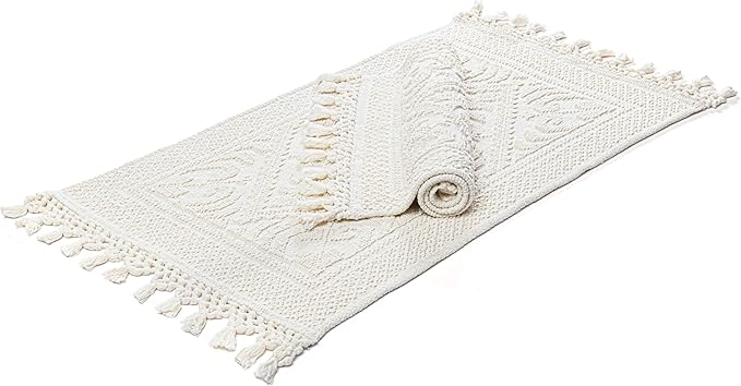 Savi Home Cotton Woven Jacquard Bathroom Rug Set of 2, Woven Fringe Bathroom Mats, 100% Cotton, Non - Slip Bath Mat, Durable Thick Bath Mat 17”x30”& 20"x38" with Fringes, Ivory
