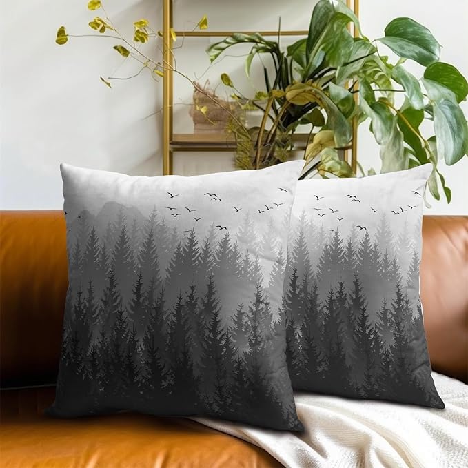 Gray White Forest Pillow Covers 16x16 Inch Set of 2, Black Grey Trees and Mountain Square Throw Pillow Case Decorative Cushion Cover Soft Cotton Pillowcase for Home Couch Bed Sofa