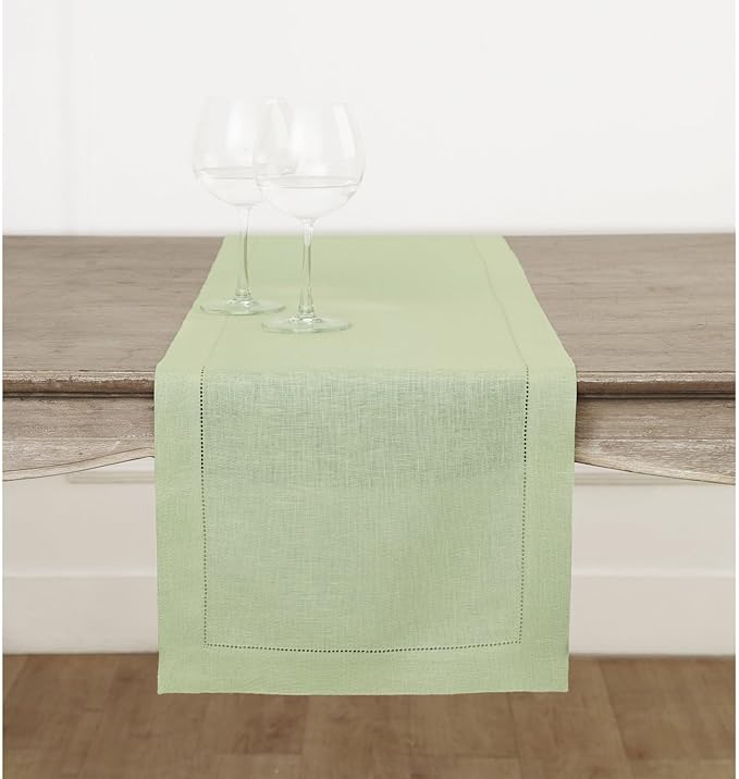 Solino Home Linen Table Runner 36 Inches - 100% Pure Linen Sage Green Hemstitch Table Runner 14 x 36 Inch Ideal for Dresser and Coffee Tables - Fall, Thanksgiving, Christmas - Classic Hemstitch