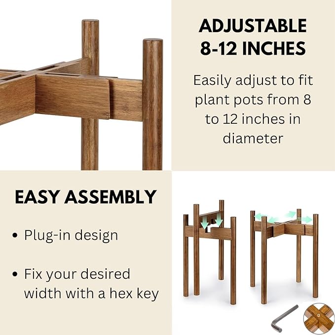Fox & Fern Adjustable Tall Plant Stand Indoor — 8 to 12 Inch Premium Mid Century Bamboo Plant Stand with Adjustable Width; Plug In Design; Easy to Assemble; Two Heights - For 8, 9, 10, 11 & 12 In Pots