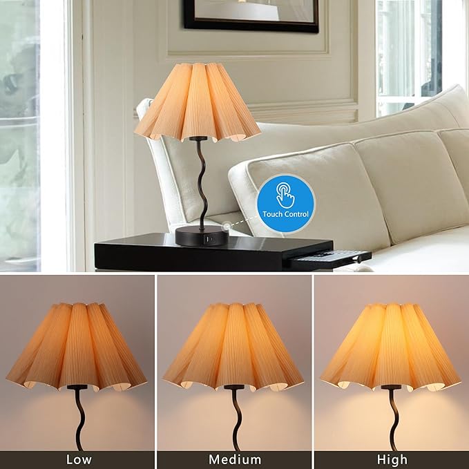 Pleated Table Lamp, Table Lamp for Bedroom, Bedside Lamps for Nightstand with Linen Lampshade, Modern Lamp for Bedroom Home Office Decor, Burlywood