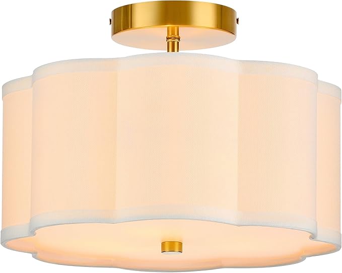 VONLUCE Semi Flush Mount Ceiling Light, 13" Ceiling Light Fixture with Flower-Shaped Fabric Shade, 3-Light Modern Light Fixture for Bedroom Living Room Nursery Hallway, White Shade & Gold Finish
