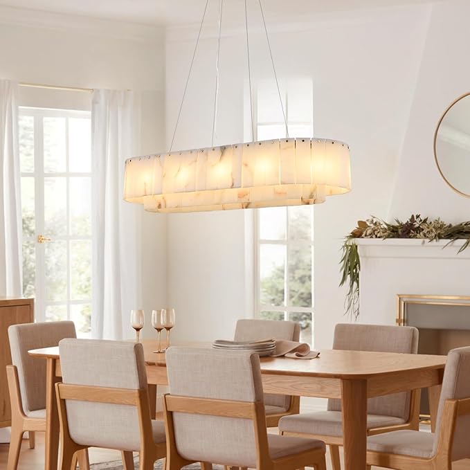 L40in Alabaster Rectangular Chandelier for Dining Room, Modern White Marble Oval Chandeliers for Kitchen Island, Rectangle Chandelier for Dining Table (Dimmable Bulbs INCL)