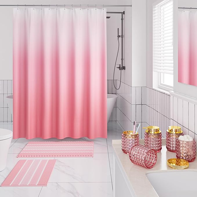 Bathroom Sets with Shower Curtain and Rugs and Accessories, Glass Bathroom Accessories Set Pink Bathroom Set Bathroom Sets, Pink Bath Mat and Diamond Soap Dispenser for Bathroom Decor