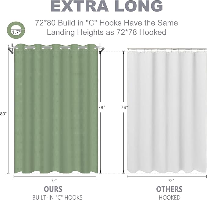 No Hook Shower Curtain, Green Modern Chevron Striped Luxury Hotel Style, Washable Waterproof Fabric for Bathroom, 15 Seconds Quick Install, 72W x 80L Inches