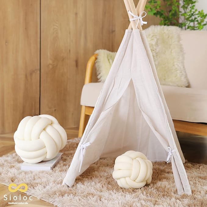 Sioloc Soft Knot Ball Pillows, Throw Cushion Home Decoration Plush ,Throw Knotted Handmade Round Plush Pillow (7.8inches,Ivory）