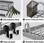 Corner Shower Caddy Bathroom Organizer: AKTECKE 2 Pack Adhesive Shelf Decor- No Drilling Stainless Steel Storage Rack with Hooks and Toothpaste Holder - Accessories Stuff