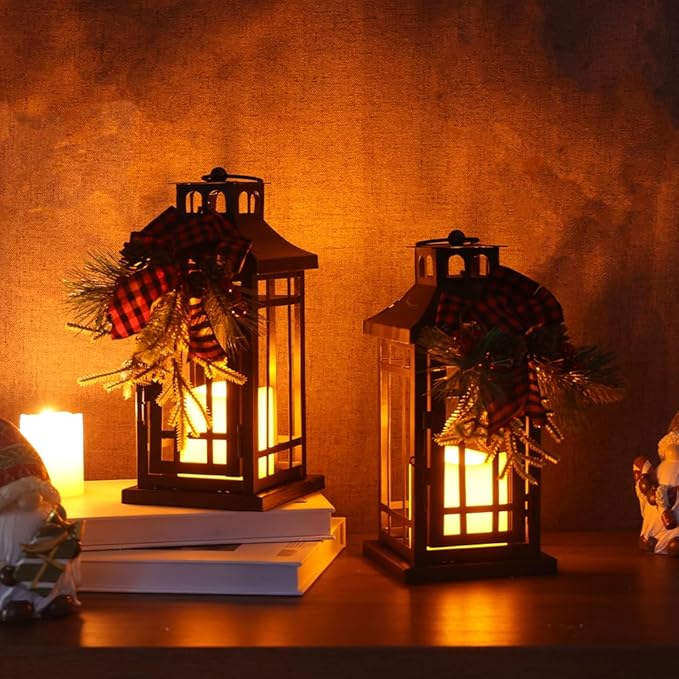NEEDOMO 2 Pcs Christmas Decorations Indoor, Outdoor Christmas Led Lanterns Decorative for Table Centerpieces, Vintage Metal Hanging Candle Holder, Home Decor for Party, Living Room, Patio, Porch
