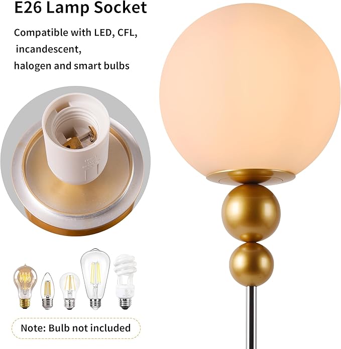 Modern Glass Floor Lamp for Bedroom, 63'' Vintage Mid-Century Floor Lamp with Milky White Frosted Glass Globe Shade for Living Room Corner, Slim Standing Reading Lamp for Office Decor (Gold)