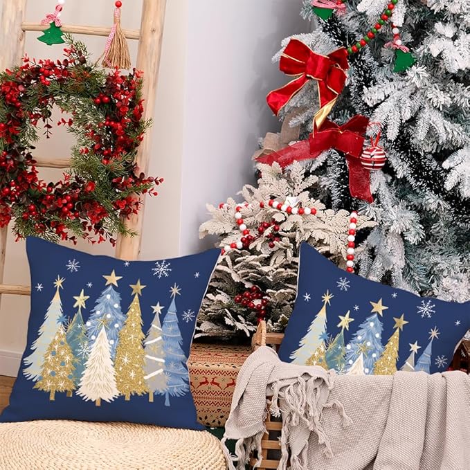 AACORS Christmas Pillow Covers 20X20 Set of 2,Watercolor Christmas Tree Stars Decoration Holiday Farmhouse Winter Pillow Case for Sofa Couch Decor（Blue） AA608-20-2