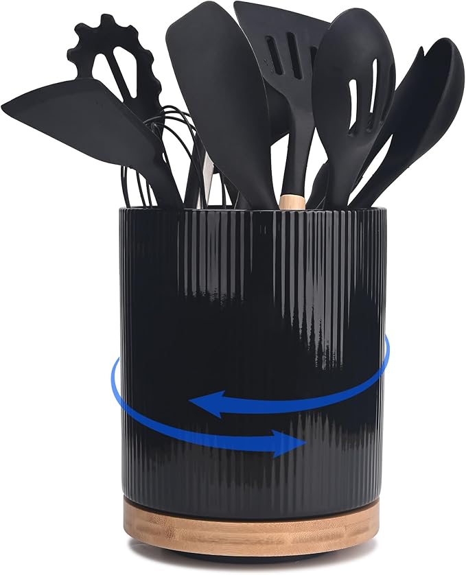 QUELIEN 360° Rotating Ceramic Utensil Crock - Large Kitchen Counter Organizer with Cork Base, Elegant Home Decor for Cooking Tools, Housewarming,Mothers Day & Christmas Gift Ideas (black)